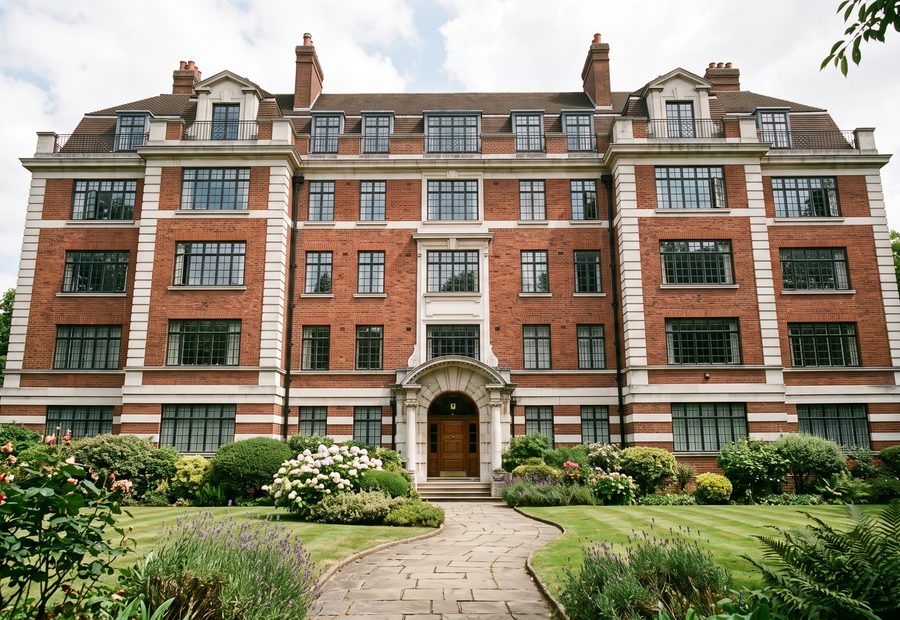A purpose built block of flats with communal gardens